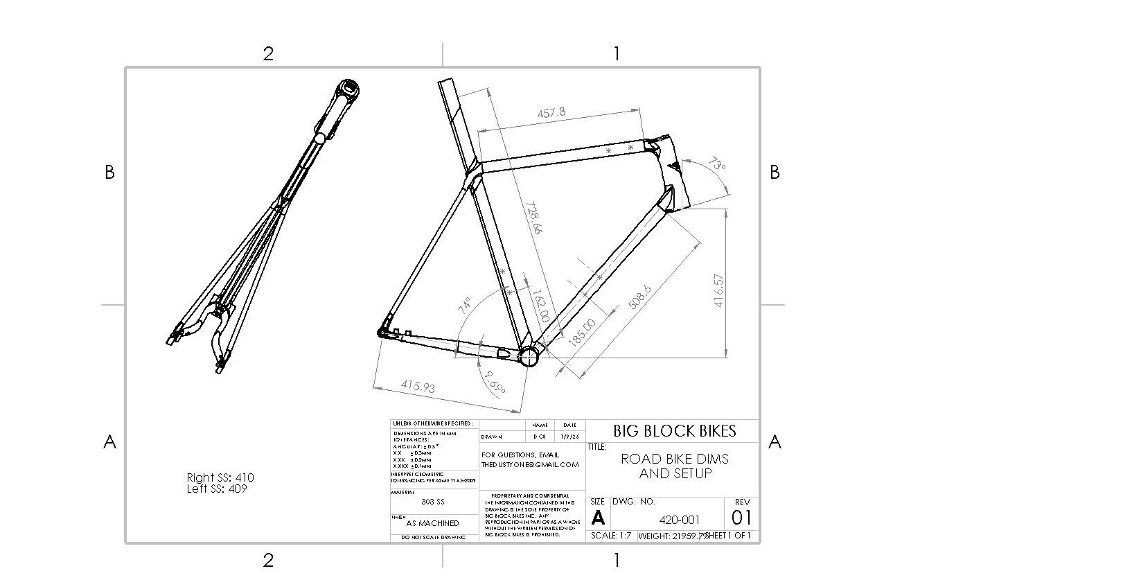 Big Block Bikes road frame engineering drawing - Road Bike dims and setup