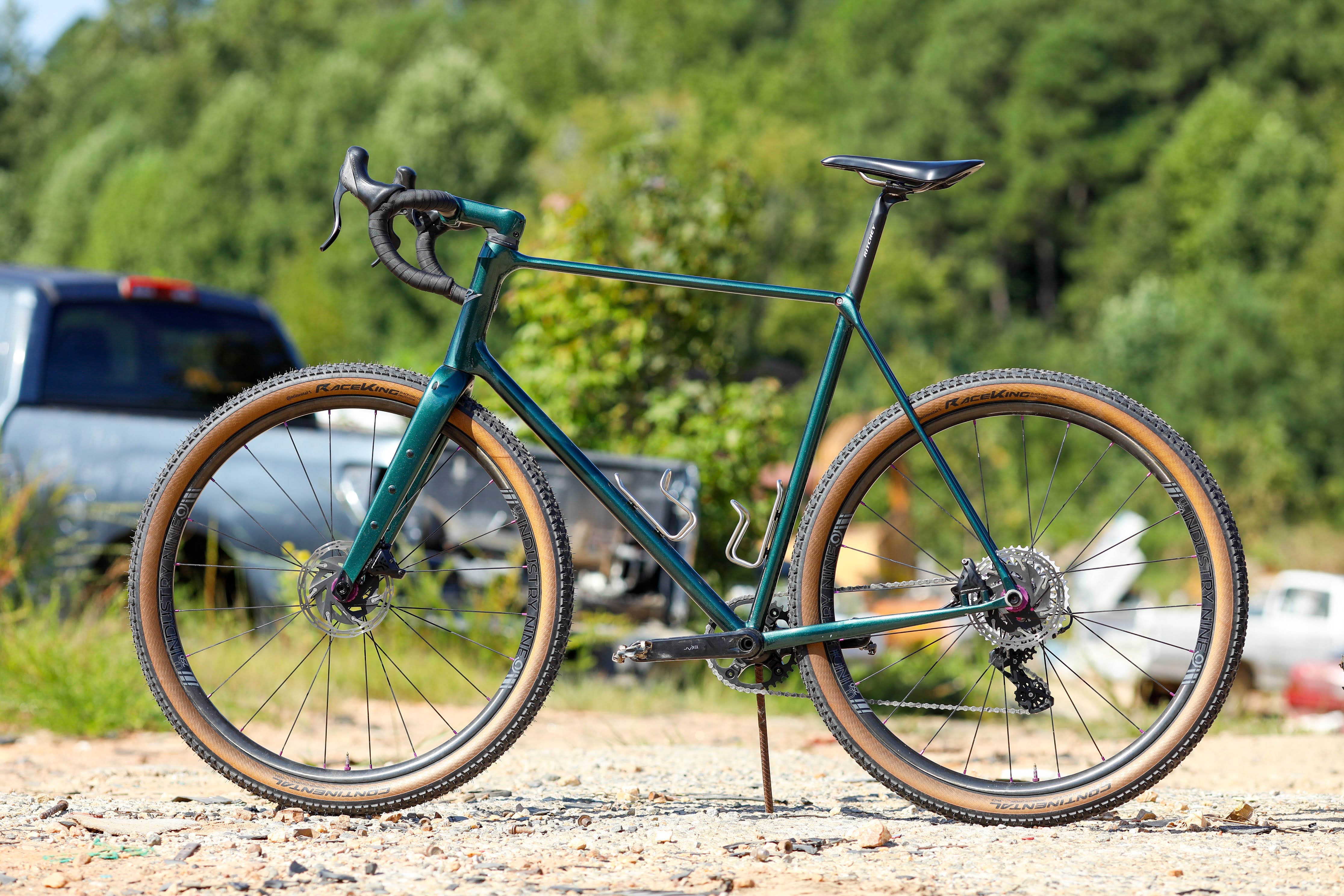 Full side profile of a Big Block Bikes custom steel gravel frame