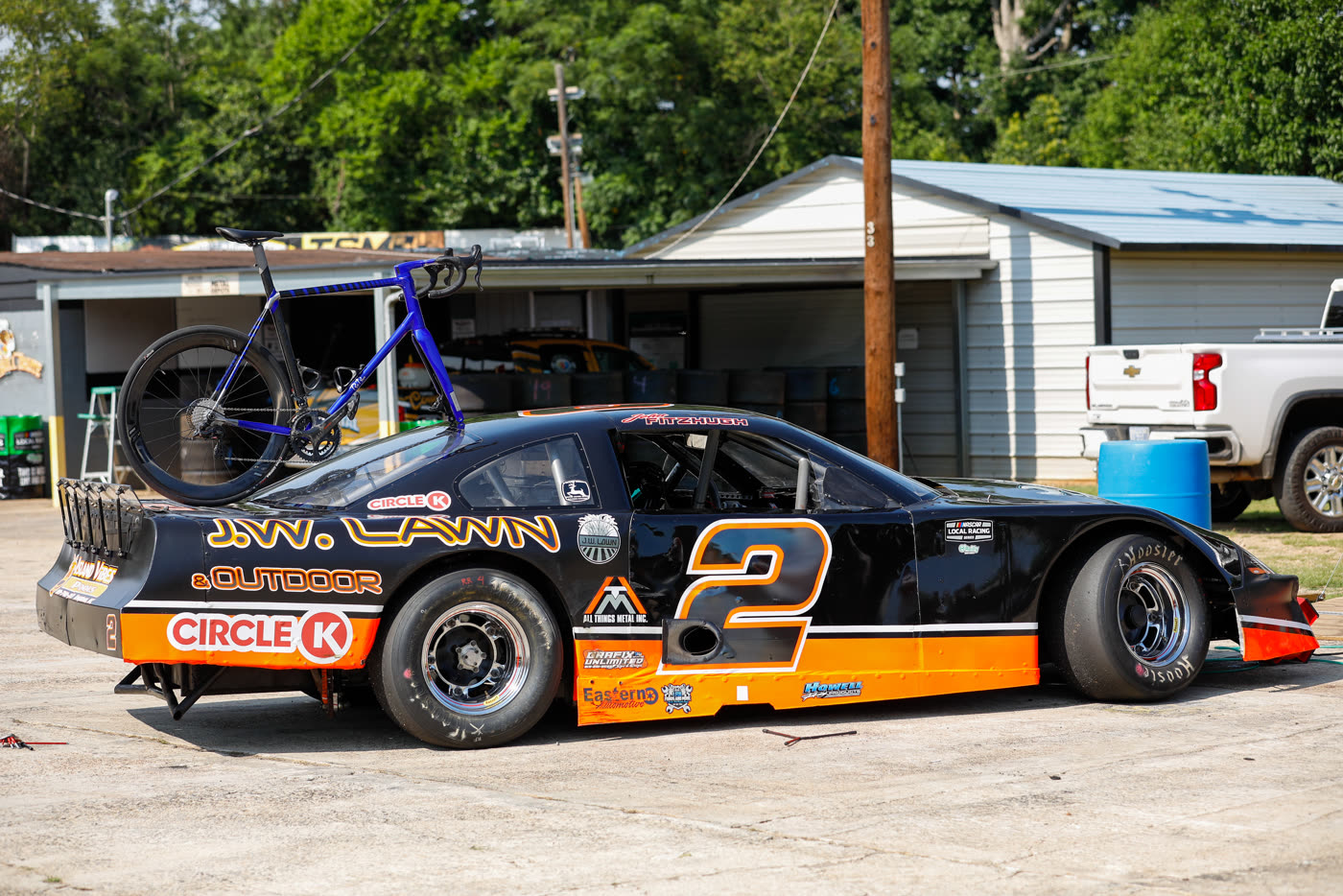 The 427 riding on the roof of the number 2 late model stock car