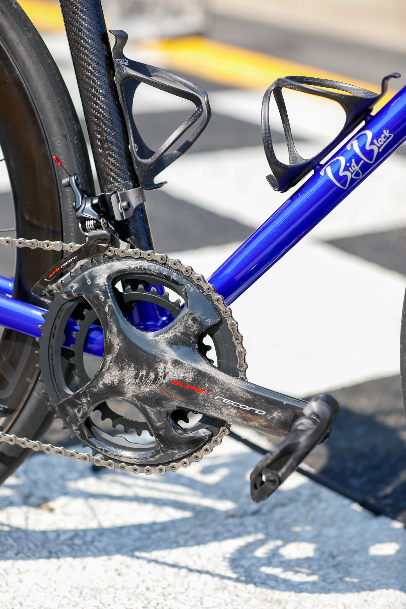 Crankset and Big Block script over the checkered start/finish line