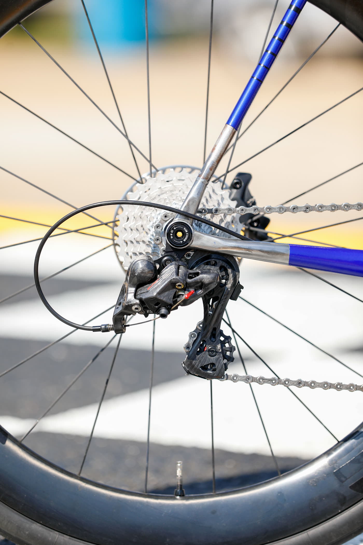 Rear derailleur and cassette above the painted checkers