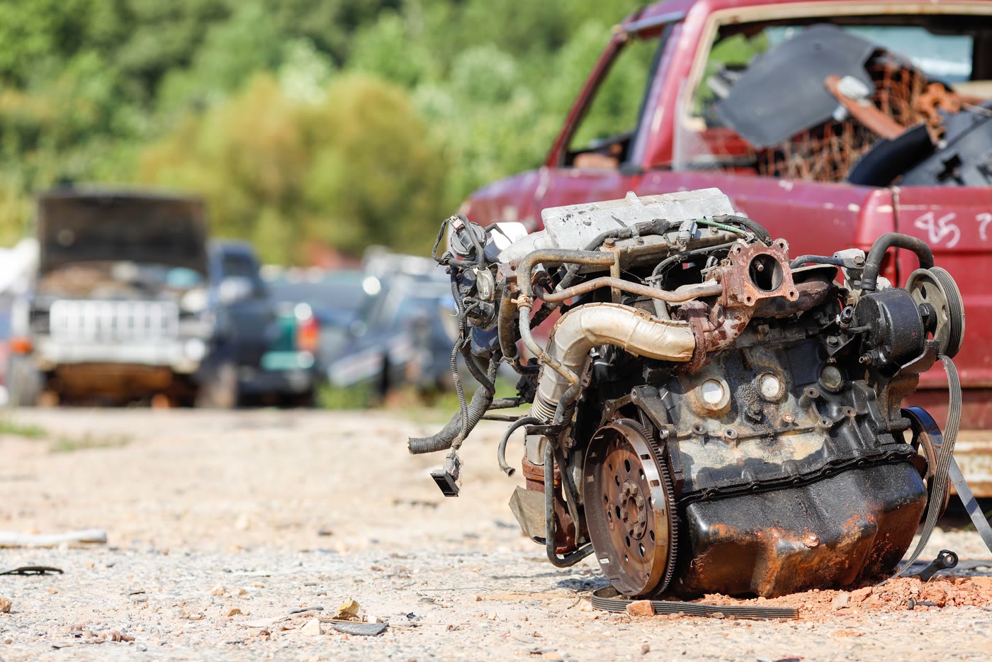 Junkyard engine block on gravel — the backdrop of the shoot