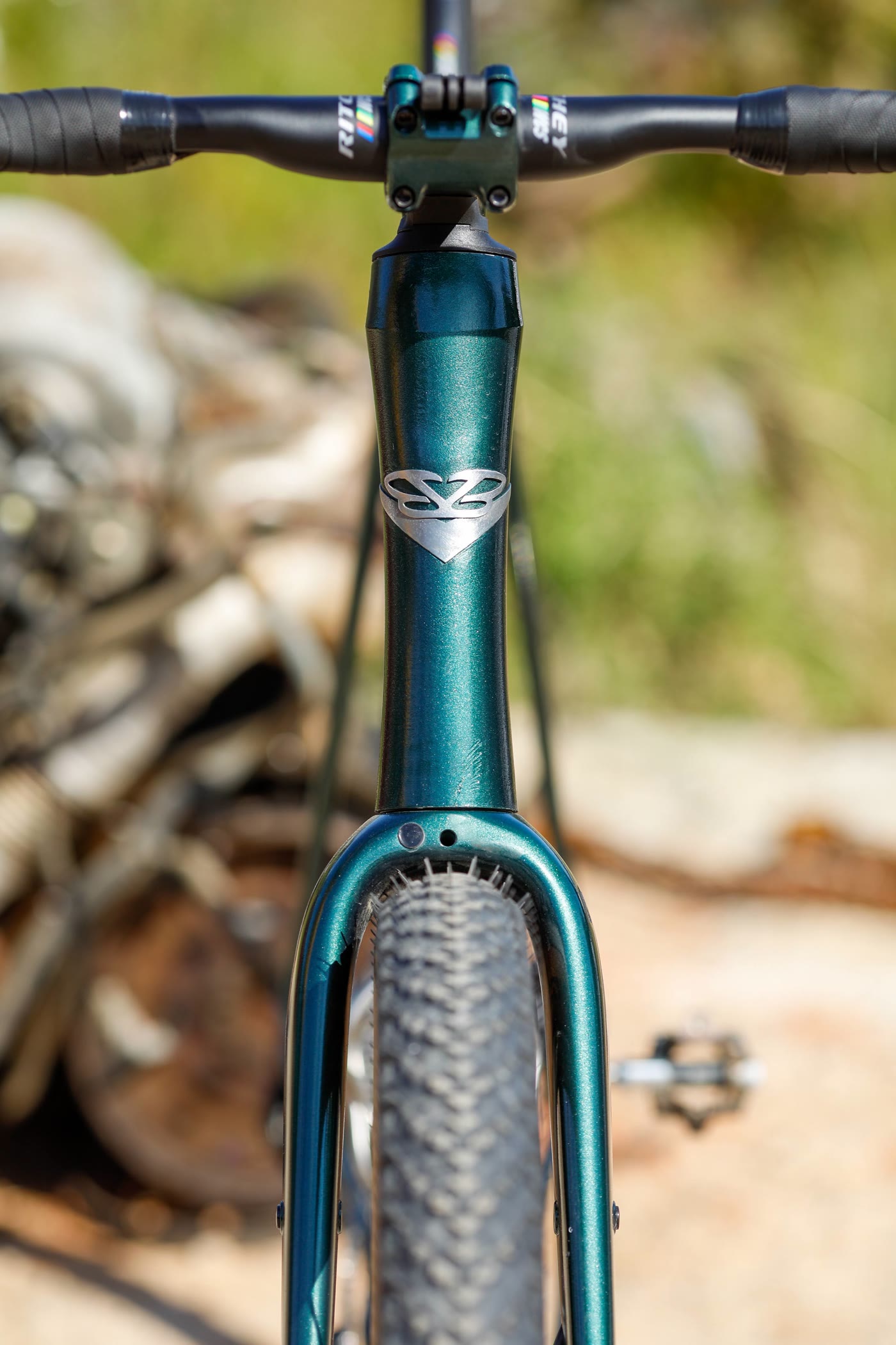 Big Block Bikes badge on the head tube, straight on