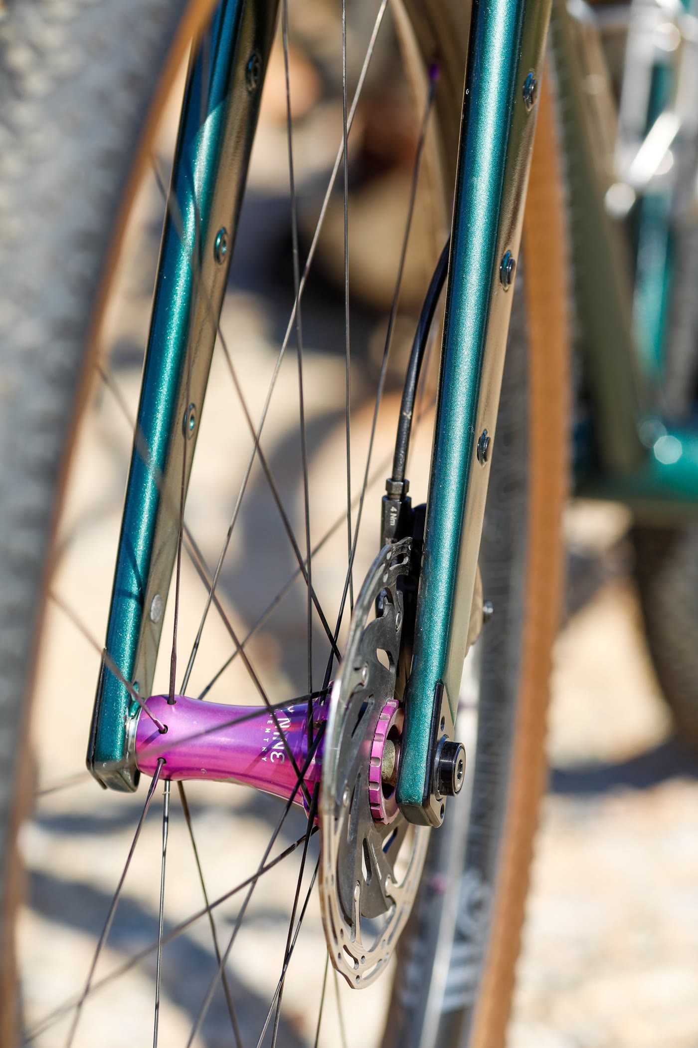 Purple Industry Nine front hub through the fork blades